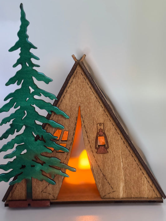 Wooden Tent Night Light Great for Rustic Lodge Decor Table Centerpiece Boss home office gift camping gift Tree Star moon Pattern Lamp