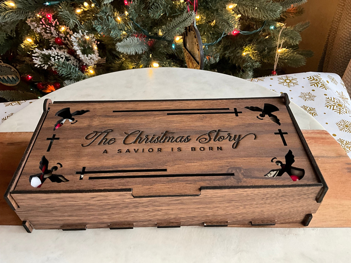 Birth of Christ Christmas gift Keepsake Ornament in a series of Eight with a Walnut gift box Wooden Christmas Nativity scene