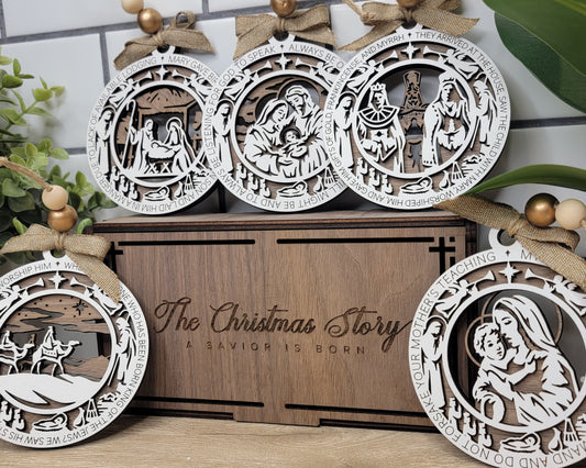 Birth of Christ Christmas gift Keepsake Ornament in a series of Eight with a Walnut gift box Wooden Christmas Nativity scene
