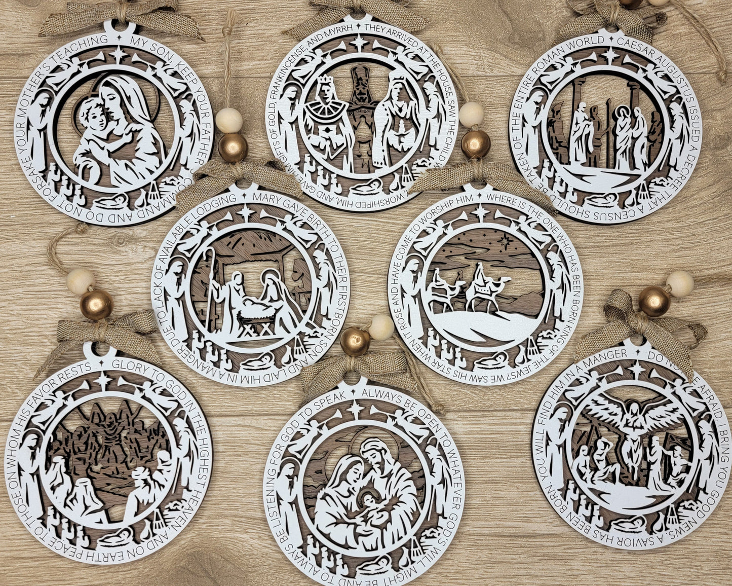 Birth of Christ Christmas gift Keepsake Ornament in a series of Eight with a Walnut gift box Wooden Christmas Nativity scene