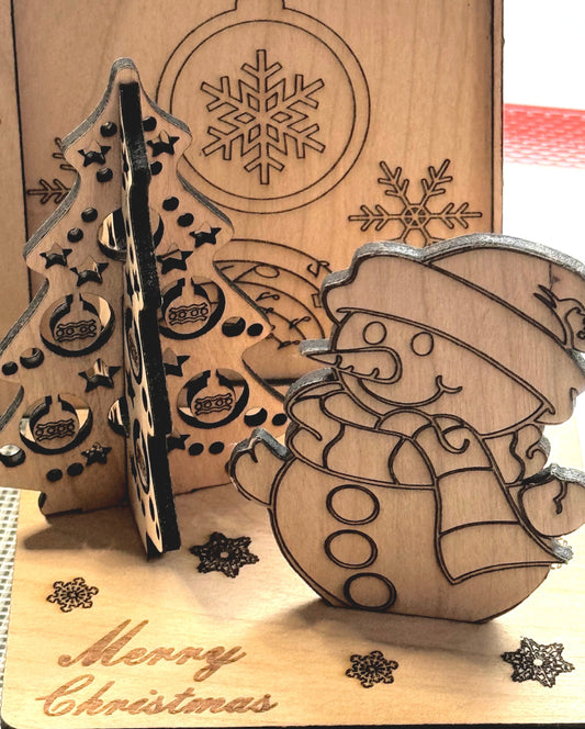 Personalized Wooden 3D popup Christmas Card Collectable Gift keepsake Holiday gift made of Natural wood Puzzle Tree Snowman Holiday design.