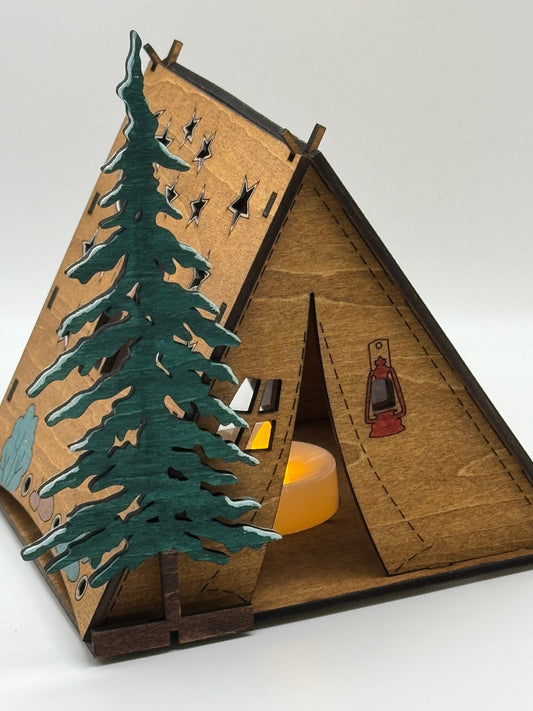 Wooden Tent Night Light Unique gift for Boss home office Rustic Table centerpiece wood lodge decor camping gift Tree star moon pattern lamp