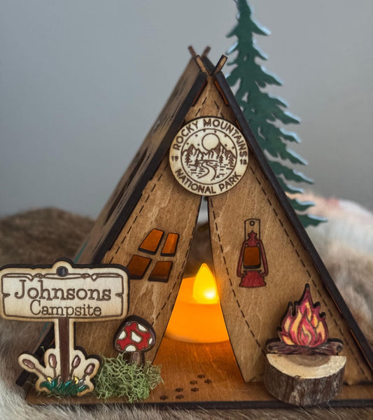 Personalized wooden Tent Night Light Unique memorable keepsake gift family name camping Anniversary gift fathers Day gift Rustic Home Decor