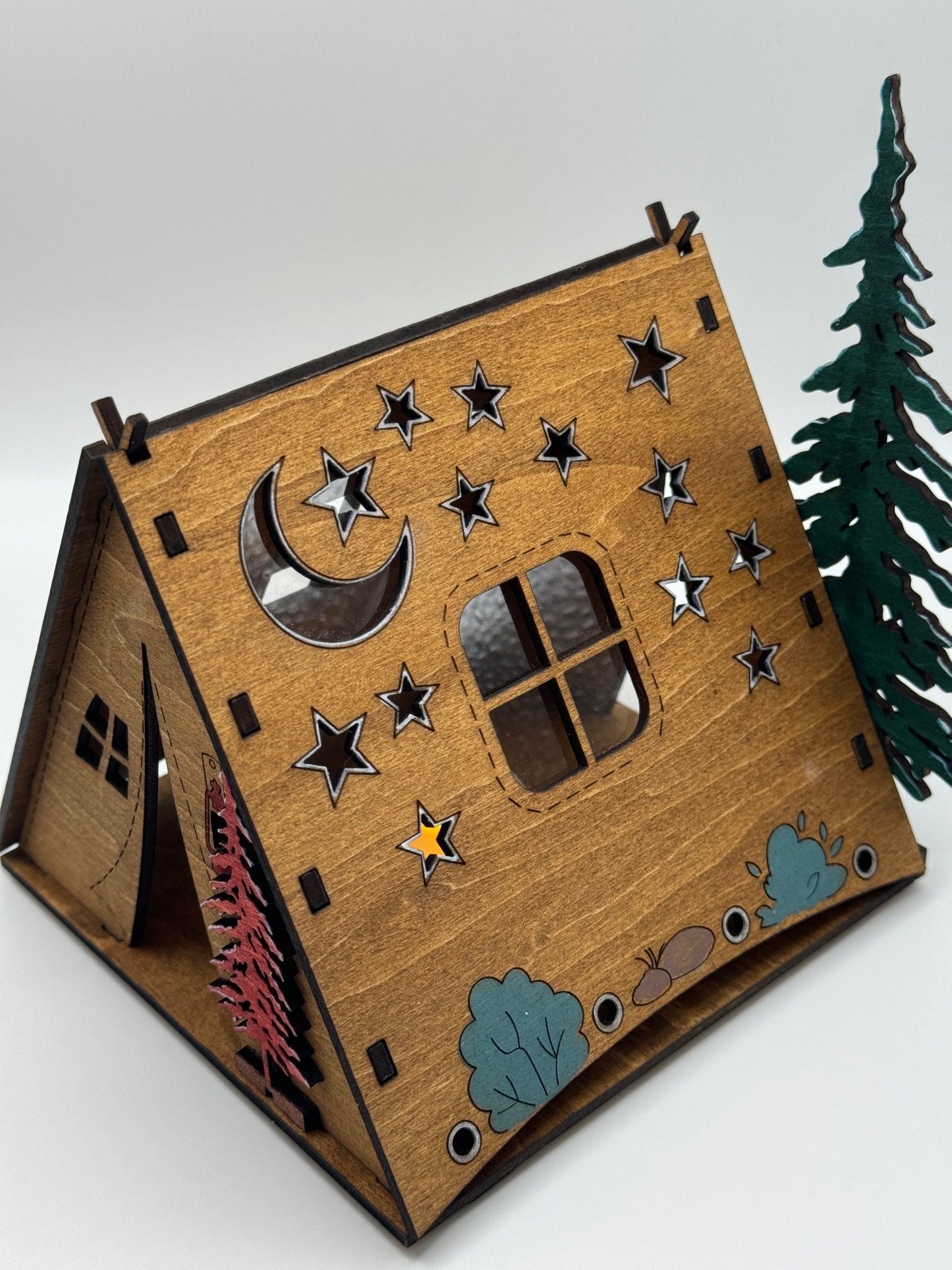 Wooden Tent Night Light Great for Rustic Lodge Decor Table Centerpiece Boss home office gift camping gift Tree Star moon Pattern Lamp