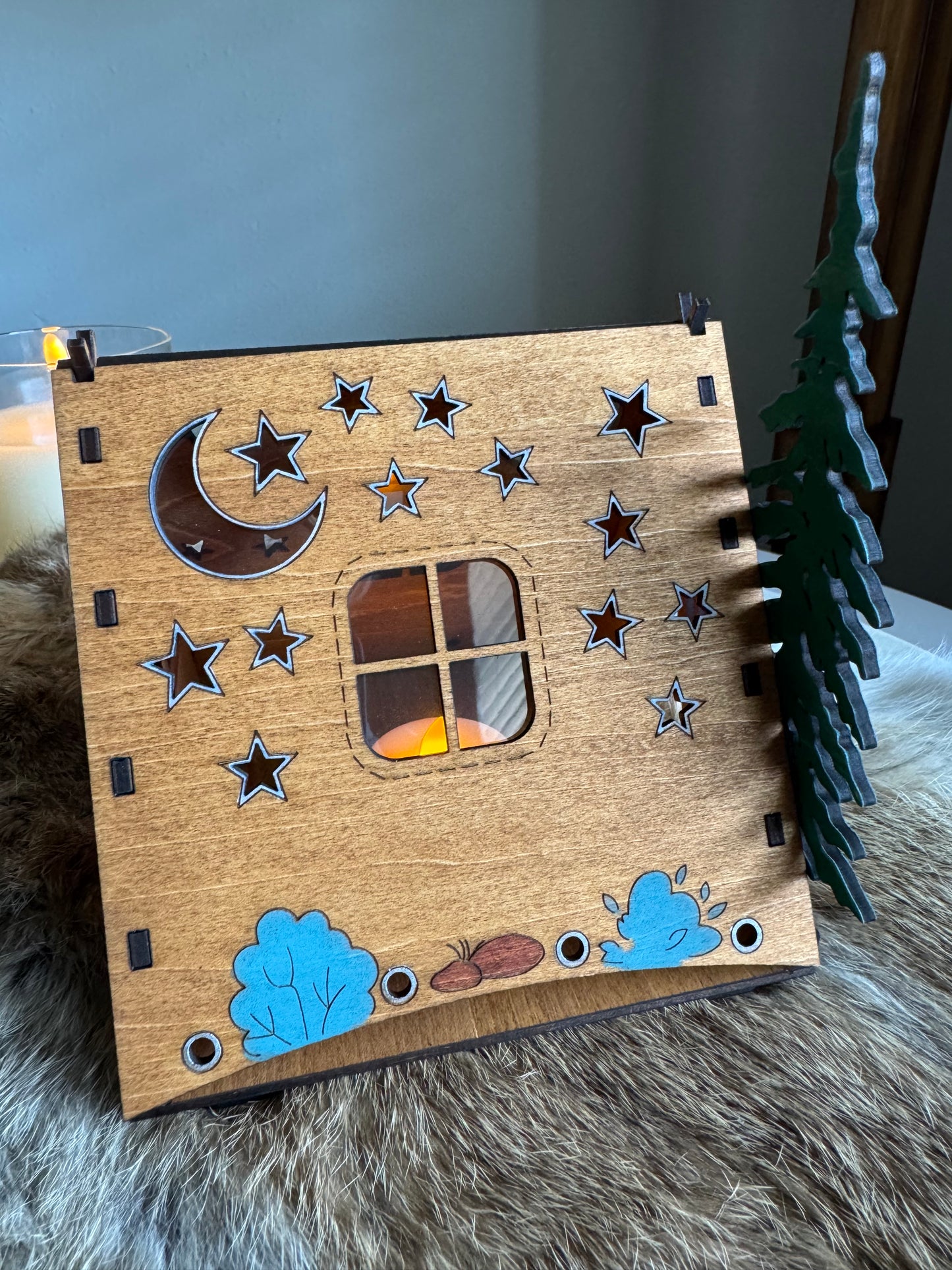 Wooden Tent Night Light Great for Rustic Lodge Decor Table Centerpiece Boss home office gift camping gift Tree Star moon Pattern Lamp