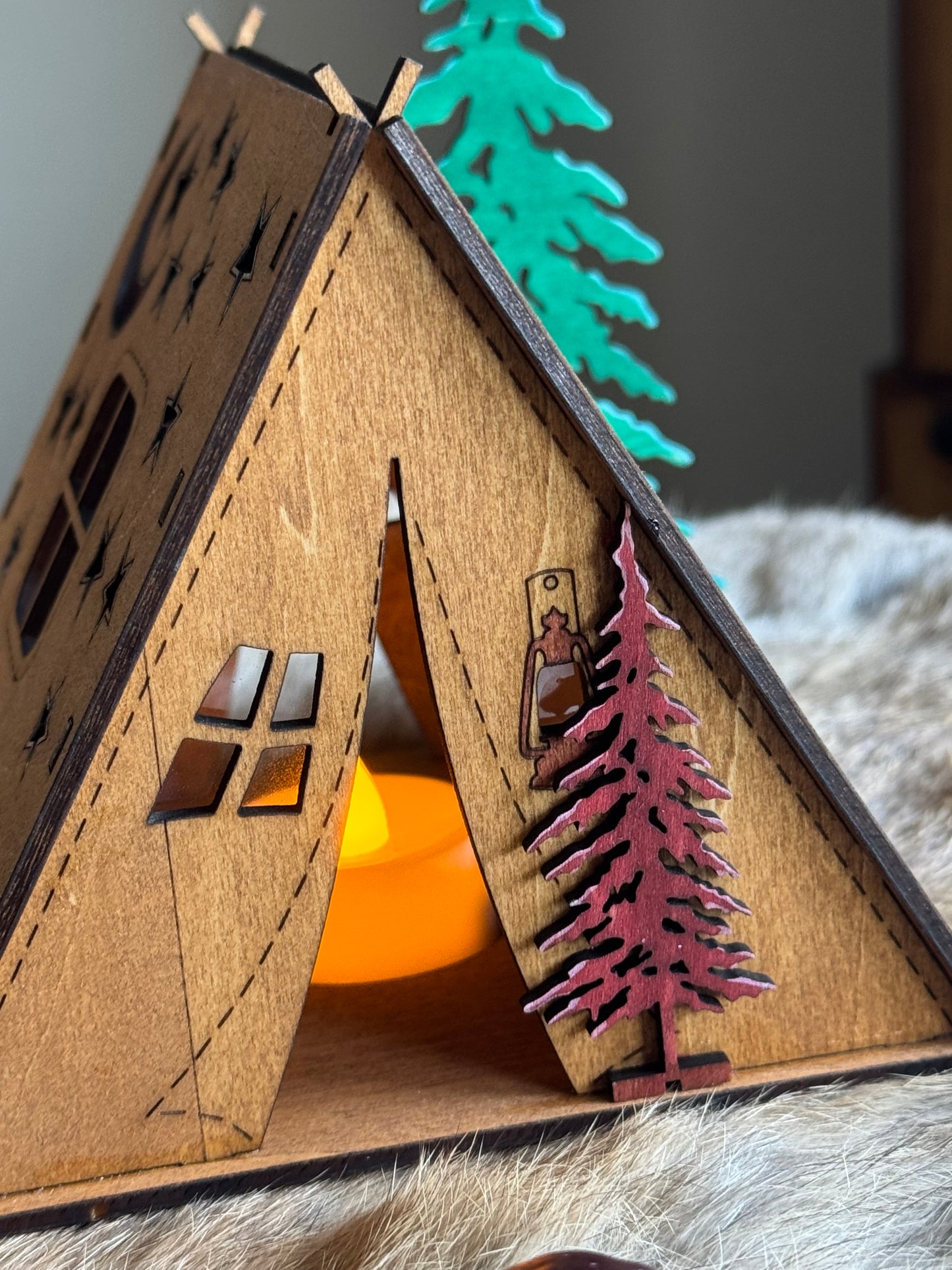 Wooden Tent Night Light Great for Rustic Lodge Decor Table Centerpiece Boss home office gift camping gift Tree Star moon Pattern Lamp