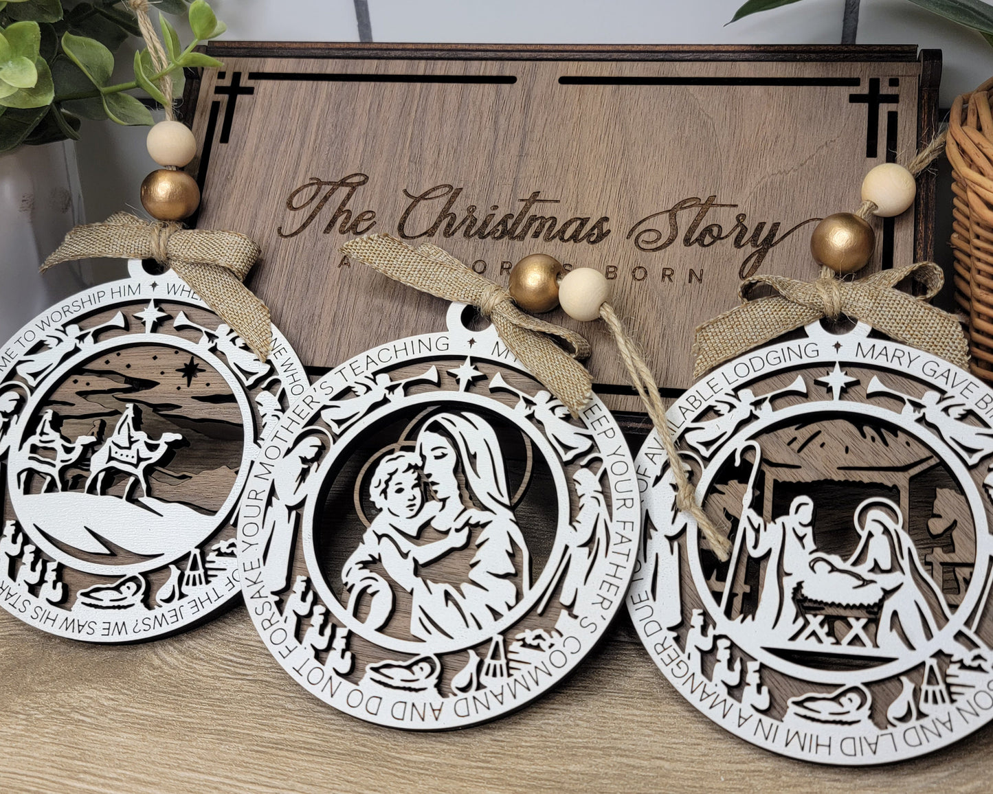 Birth of Christ Christmas gift Keepsake Ornament in a series of Eight with a Walnut gift box Wooden Christmas Nativity scene