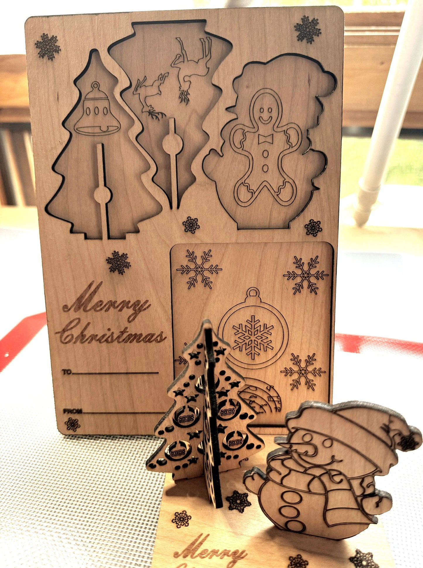 Personalized Wooden 3D popup Christmas Card Collectable Gift keepsake Holiday gift made of Natural wood Puzzle Tree Snowman Holiday design.