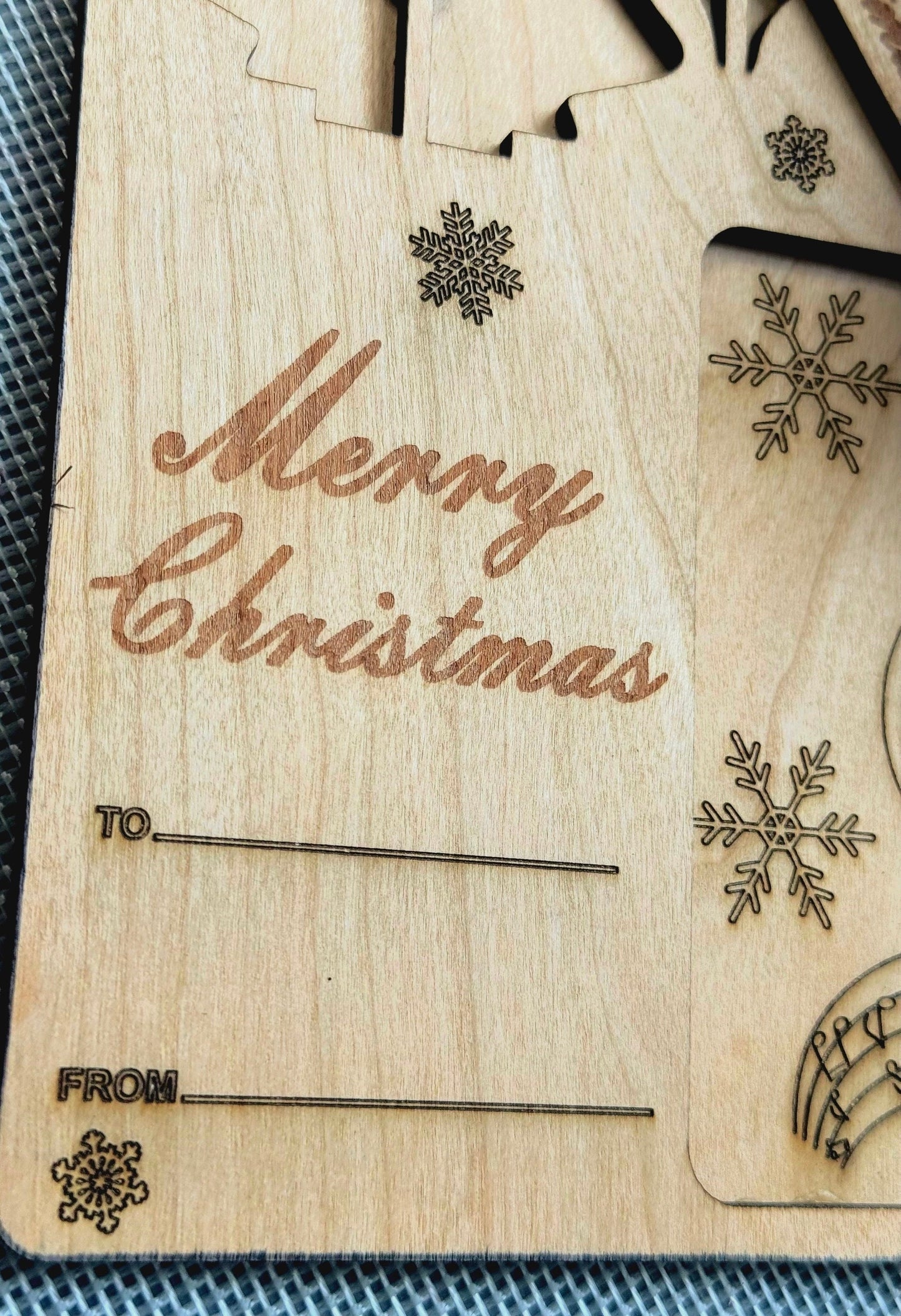 Personalized Wooden 3D popup Christmas Card Collectable Gift keepsake Holiday gift made of Natural wood Puzzle Tree Snowman Holiday design.