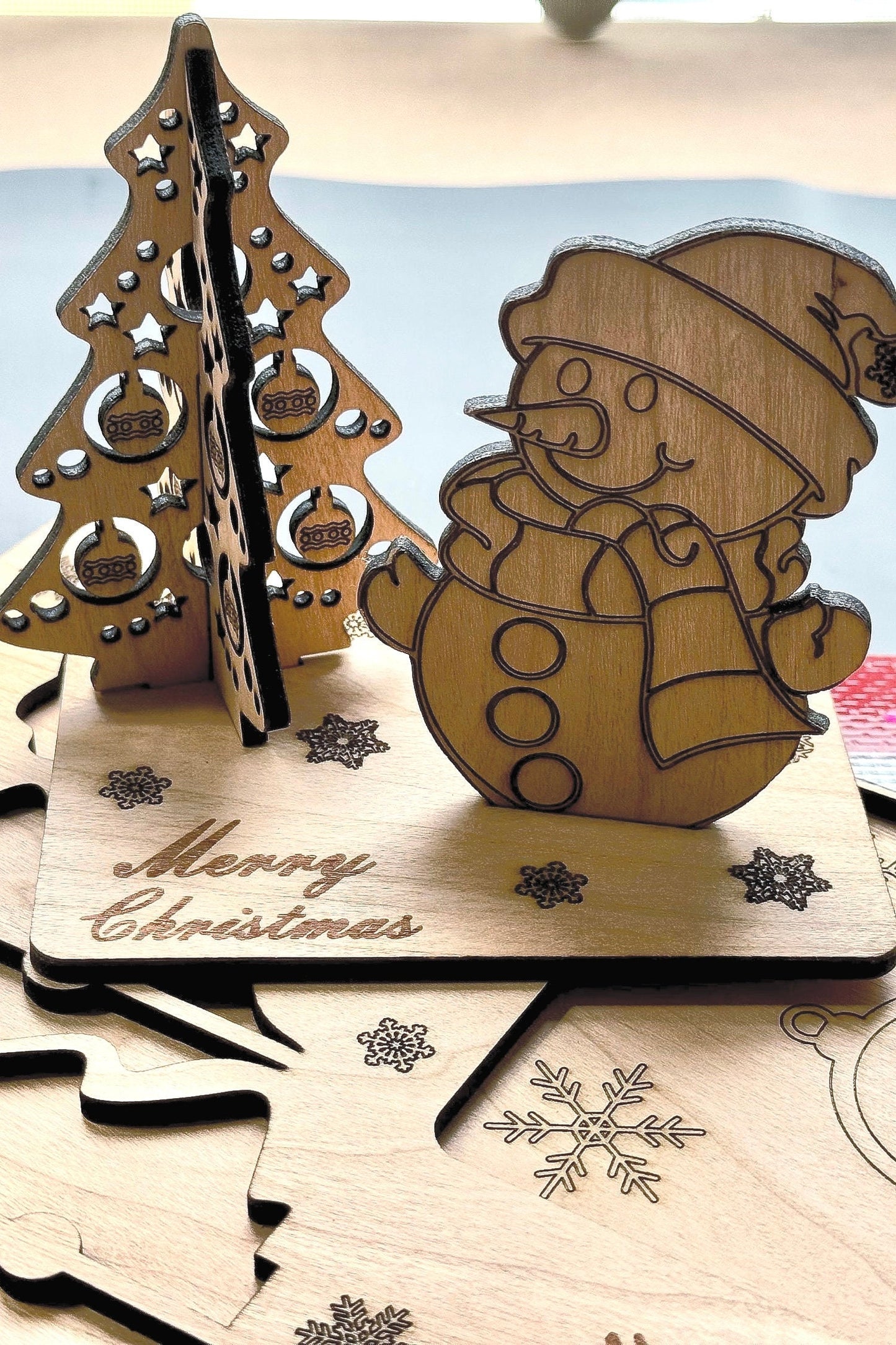 Personalized Wooden 3D popup Christmas Card Collectable Gift keepsake Holiday gift made of Natural wood Puzzle Tree Snowman Holiday design.