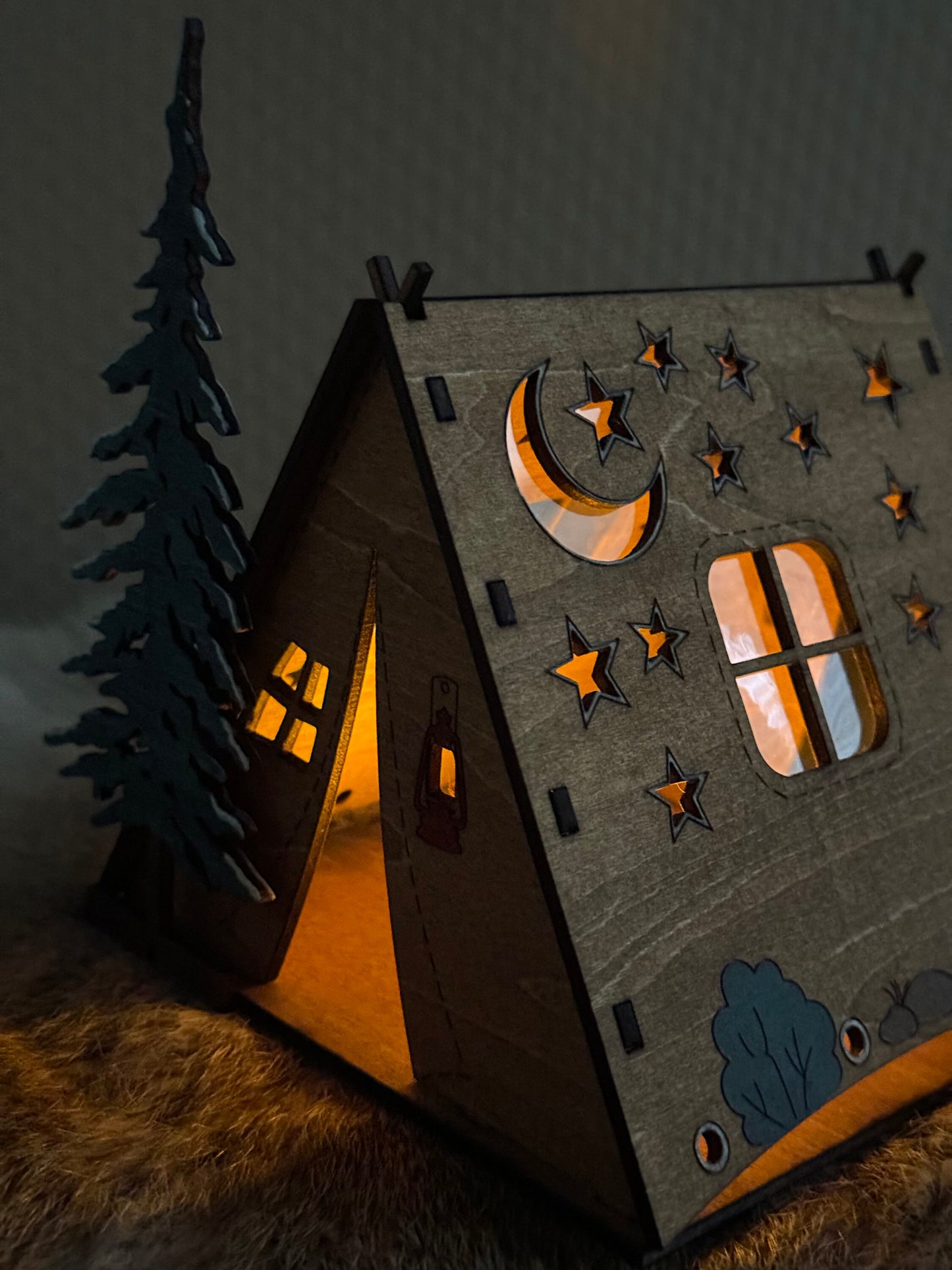 Wooden Tent Night Light Unique gift for Boss home office Rustic Table centerpiece wood lodge decor camping gift Tree star moon pattern lamp