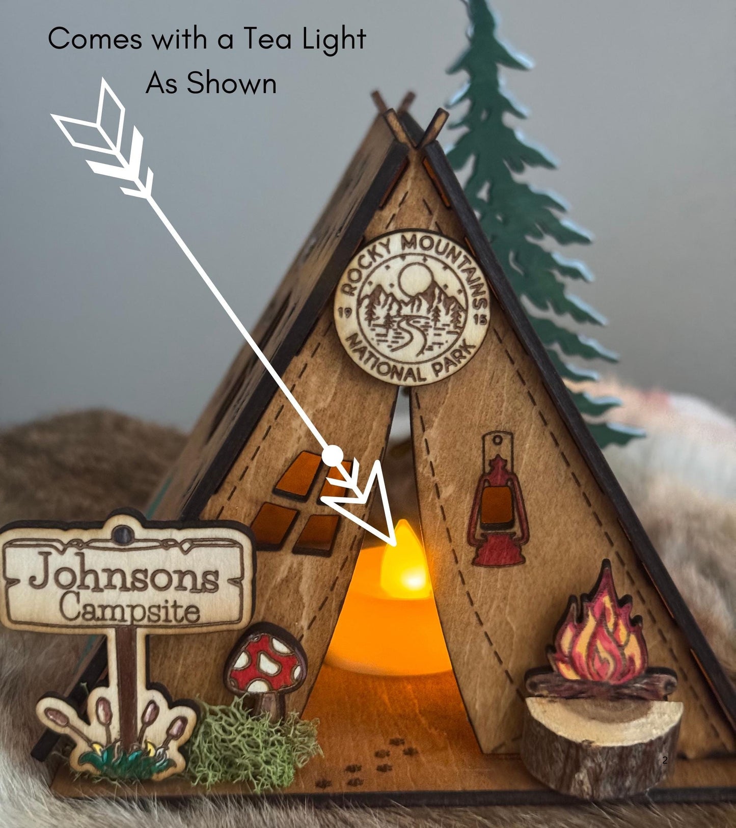 Personalized wooden Tent Night Light Unique memorable keepsake gift family name camping Anniversary gift fathers Day gift Rustic Home Decor