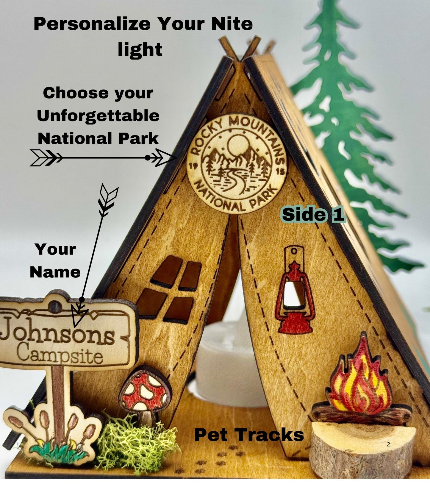 Personalized wooden Tent Night Light Unique memorable keepsake gift family name camping Anniversary gift fathers Day gift Rustic Home Decor